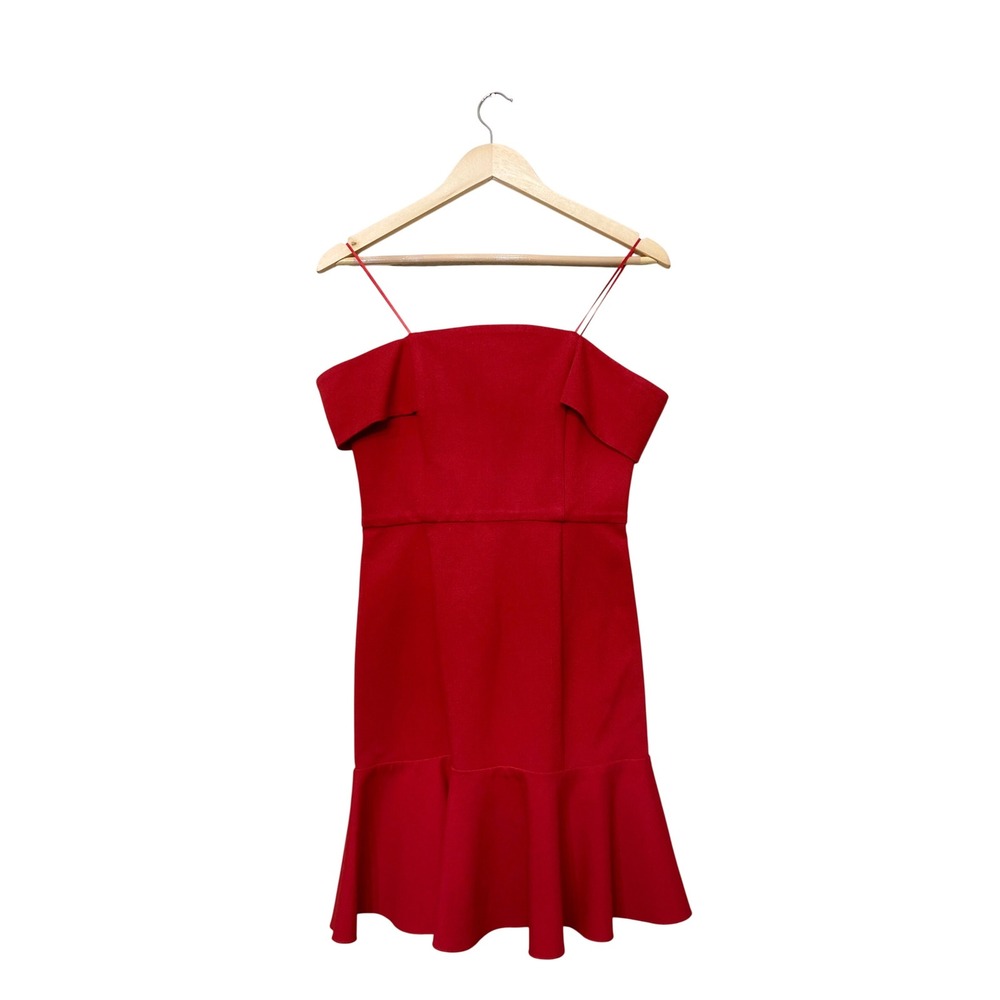 N/Nicholas Red Off The Shoulder Ruffle Hem Mini Dress Spaghetti Strap Cocktail